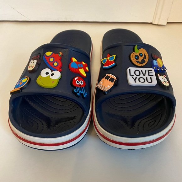Original Crocs Slide Sandals Blue Red Band Jibbitz included Size 10 women 8 Men - Picture 5 of 7